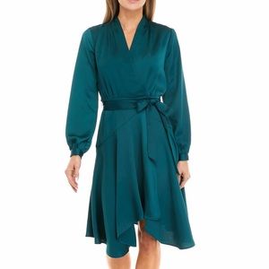 BRAND NEW Dark green long sleeve faux wrap dress, size 16